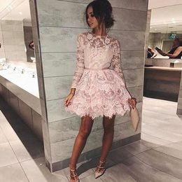 Sexy Elegant Women Long Sleeves Prom Evening Dresses Pink Lace Formal Party Gala Dress Short Cocktail Dresses
