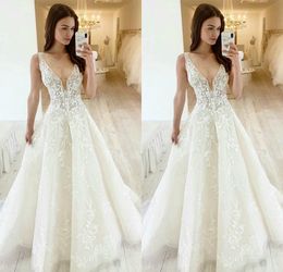 cheap aline wedding dresses spaghetti strap sleeveless lace appliqued bridal gown sweep train custom made robes de marie hot sell