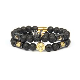 New Classic Lion Beaded Bracelets Bangle Wholesale Gold Stainless Steel Tube With 8mm Natural Lave Stone Beads Men CZ Crown Bracelet Jewellery