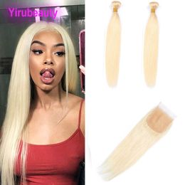 Indian Raw Virgin Hair Yirubeauty 2 Bundles With 4X4 Lace Closure 613# Blonde Straight 3 Pieces/lot Straight Blonde Hair With Closure 8-30"