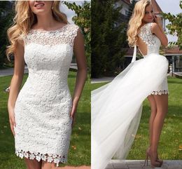 Eleganti gonne con gonna in pizzo Abiti da sposa corti con treno staccabile in tulle Scollo rotondo aperto sul retro Guaina Boho Beach Garden Abiti da sposa Robes de Mariee AL5046