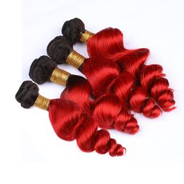 Bright Red Ombre Loose Wave Human Hair Bundles Deals 4Pcs #1B/Red Dark Roots Ombre Malaysian Virgin Hair Weave Extensions Double Wefts