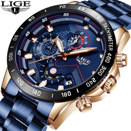 LIGE Fashion Business Blue Mens Watches Top Brand Luxury Clock Male Military All Steel Waterproof Quartz Watch Relogio Masculino LY191226