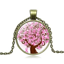 New Pink Breast Cancer Ribbon Tree Necklace Art Photo Glass Cabochon Pendants Necklace for Women Jewellery Creative Gift