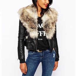 Fashion-Wholesale- New Fur Collar Mosaic PU Leather Jacket Zipper Outerwear Short Coat Women Winter Warm Plus Size Casual Overcoat Parka