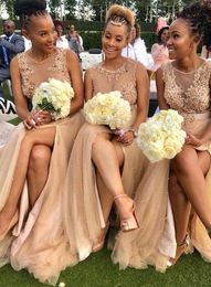 Stylish A Line Lace Side Split Bridesmaid Dresses Appliqued Country Maid Of Honour Gowns Floor Length Beaded Tulle Wedding Guest Dress