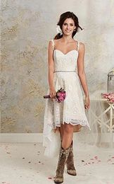 Summer Vintage Spaghetti Lace High Low Wedding Dresses White Ivory Short Beach Bridal Gowns Custom Made Wedding Gowns 16