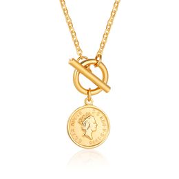 Gold Elizabeth Medal Necklace in Stainless Steel Signet Pendants Necklace with Toggle Clasp