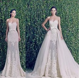 New Zuhair Murad Modest Wedding Dresses with Detachable Train Over Skirts Sweetheart Backless Applique Lace Vintage Plus Size Bridal Gowns