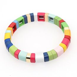 Enamel Tile Bracelet Rainbow Colorful Tila Beads Bracelets for Women & Men Color Block Elastic Bangle Bracelets