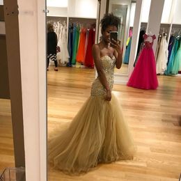 African Gold Beaded Mermaid Evening Dresses 2019 Gonna Fashion Sparkle Luxury Crystal Long Prom Gowns Lace Up