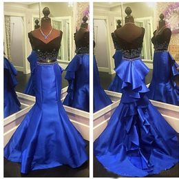 Two Piece Royal Blue Mermaid Prom Dresses 2020 Sweetheart Beaded Crystal Long Ruffles Formal Evening Dresses Custom Made