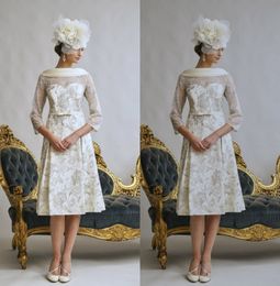 A Line Jillharvey Sheath Mother of The Bride Dresses White Jewel Neck Wedding Guest Dress Long Sleeve Applique Knee Length Evening Gowns