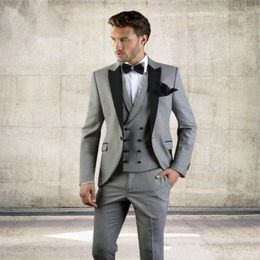 Custom Made Grey Wedding Groom Tuxedos With Black Shawl Lapel Trim Fit Mens Suits Business Formal Party Groomsmen Suit (Jacket+Pants+Vest)