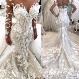Glamouröse Brautkleider im Meerjungfrau-Stil mit langen Ärmeln, transparentem U-Ausschnitt, Spitze, 3D-Blumenapplikationen, Sweep-Zug, Brautkleider in Übergröße, Robes de Mari￩e