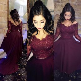 2024 Hot Two Pieces Bury Prom Dresses Off Shoulder Long Sleeves Lace Appliques Beaded Sexy Open Back Formal Party Dress Evening Gowns 403