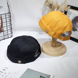 Men Women Skullcap Sailor Cap Leaf Rivet Embroidery Warm Rolled Cuff Bucket Cap Brimless Hat Solid Colour Adjustable Cotton Hats