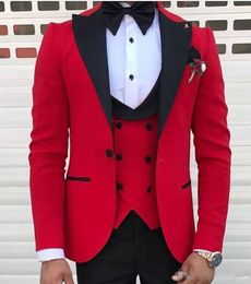 New Custom Design One Button Red Wedding Groom Tuxedos Peak Lapel Groomsmen Mens Dinner Blazer Suits (Jacket+Pants+Vest+Tie) 502