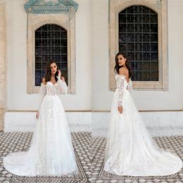 Boho A-line Bridal Dresses Sweetheart Long Sleeve Full Appliqued Lace Wedding Dress Backless Sweep Train Custom Made Vestidos De Novia