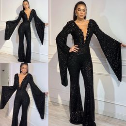 Women Sexy Jumpsuits Black Prom Dresses 2019 Deep V Neck Crystals Sequined Evening Gowns Loose Long Sleeve Floor Length Party Dress