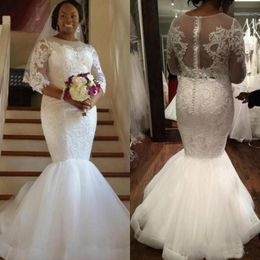 2020 African Plus Size Mermaid Wedding Dresses Jewel Neck 3/4 Long Sleeves Bridal Gowns With Lace Appliques Free Shipping