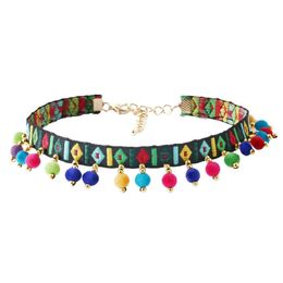 2 Colours Fashion Choker Necklace Woven Colourful Plush Ball Pendant Ethnic Collar Choker Necklace For Women
