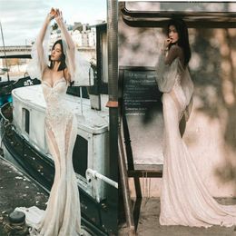 Spaghetti Strap Mermaid Wedding Dresses Long Sleeves Elegant Sequin Appliqued Lace Wedding Gown Illusion Sweep Train Vestidos De Novia Cheap