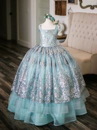 Sky Blue Lace Flower Girl Dresses Lace Up Tulle Little Girl Wedding Dresses Vintage Communion Pageant Dresses Gowns F275