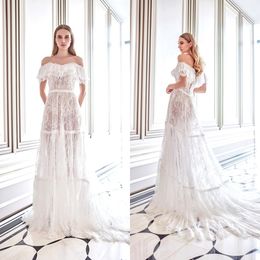 Modest A Line Wedding Dresses Off Shoulder Short Sleeve Applique Sequins Tulle Lace Wedding Gown Sweep Train robe de mariée