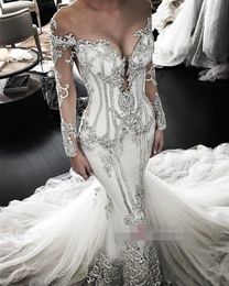2019 Vestidos de casamento de sereia de luxo fora-ombro de manga longa ilusão corpete corpete trem de catedral lace up applique plus tamanho vestido de casamento