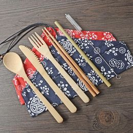 50sets Portable Knife Picnic Natural Reusable Straw Spoon Fork Chopstick Kitchen Utensil Bamboo Cutlery Set SN3116