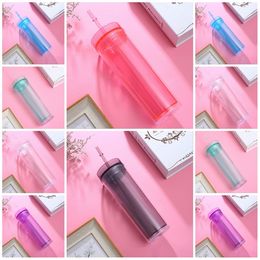 hot 6styles 16oz Colourful plastic cups for drinking water transparent Straw cup double water bottle cups with straw T2I51085