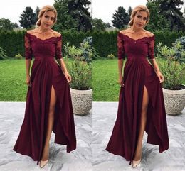Lace Sexy Bury A Line Prom Dresses Off Shoulder Illusion 1/2 Sleeves High Side Split Formal Dress Party Evening Gowns Vestidos Ogstuff
