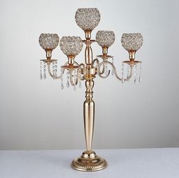 wholesale 80cm height 5-arms metal Gold/ Silver candelabras with crystal pendants wedding candle holder Event centerpiece SN2064