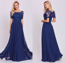 2020 A Line Evening Dresses Dark Blue Rhinestone Applique Sequins Chiffon Prom Dress Short Sleeves Floor Length Formal Dresses