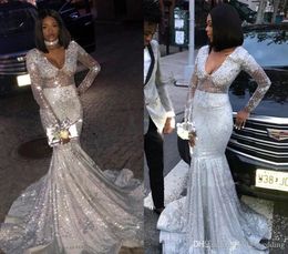 Sexy Silver Long Sleeve Prom Dresses Glamorous Mermaid Holidays Graduation Wear Evening Party Gowns Custom Made Plus Size
