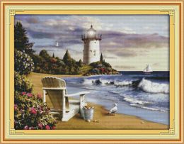 The lighthouse landscape decor painting ,Handmade Cross Stitch Embroidery Needlework sets counted print on canvas DMC 14CT /11CT