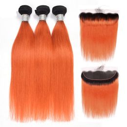 Brazilian Virgin Hair 3 Bundles With 13X4 Lace Frontal With Baby Hair 1BOrange Ombre Straight Hair Wefts With 13 By 4 Frontal Fre1016578