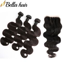 Peruvian Human Hair Bundles With Closures Body Wave Hair Wefts with Lace Closure 3 Part Virgin Hair Extension Bellahair