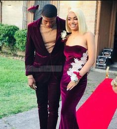 2020 Mermaid fuchsia Velvet African Prom Dresses white lace Sexy Sweetheart Wine Red Evening Gowns Semi Formal Graduation Dress