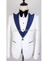 New Design One Button White Groom Tuxedos Peak Lapel Groomsmen Mens Suits Wedding/Prom/Dinner Blazer (Jacket+Pants+Vest+Tie) K271