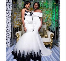 Black White African Women Wedding Dresses Mermaid Style 2019 Applique Ruched Tulle Satin Wedding Dress Bridal Gowns Plus Size