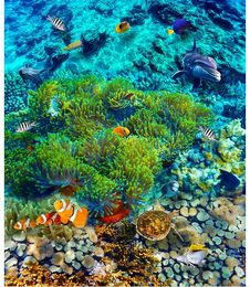 Customised 3D photo mural wallpaper pvc self-adhesive waterproof flooring wall sticker Underwater world tropical fish 3D floor tiles