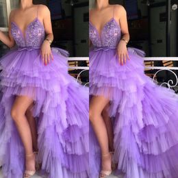 2019 Purple Prom Dresses Hi-Lo Quinceanera Dresses Dubai Arabic Luxury Cathedral Train Sweet Girl 16 Dress Masquerade Ball Gown