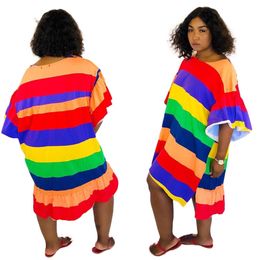 Women Round Neck Irregular Midi Dress Rainbow Colour Flare Sleeve Stripe Dress Casual Beach Loose Dresses