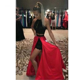 2019 Two Pieces Black and Red Prom Dresses Lace Crop Top Evening Party Gowns Sweet 16 Graduation Dresses Overskirt Corset Custom Made