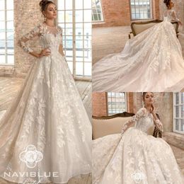 Naviblue Dolly Beach Wedding Dresses Jewel Neck Lace Appliqued A Line Glitter Long Sleeve Modest Wedding Dress Court Train Bridal Gowns 4289