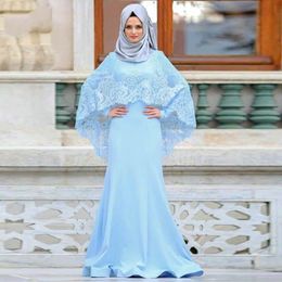 2020 Arabic Muslim Mermaid Evening Dress With Lace Appliques Cape Islamic Dubai Saudi Long Sleeve Formal Evening Party Dresses robe de soire