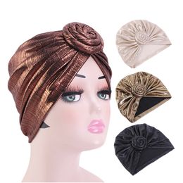 Women Metallic flower Turban Shiny Hijab Head Wrap Beanie Hat Muslim Chemo Cap Fashion Designs Solid Headwear Hair Accessories