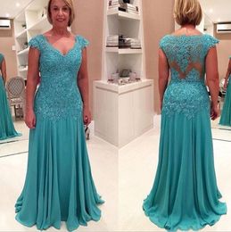 Long Formal Mother of the Bride Dresses Teal Blue V Neck Cap Sleeves Illusion Back Chiffon Skirt Formal Wedding Party Guest Gowns